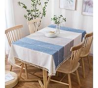EHOMERY Nappe De Table Rectangulaire Imperméable Anti Tache Grande Taille Style Écossais À Rayures Simples Coton Lin Bleu Blanc Gris Décoration Protection 140X220Cm