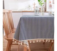 EHOMERY Nappe Table Basse Rectangulaire Salon Satin Rayures Bleu Marine avec Gland Macramé Petite Toile Ciree Caree Blanc Décoration De Protection 140X250Cm