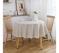 EHOMERY Nappe Table De Nuit Coton Lin Carré Marguerite Blanche avec Dentelle Linge Saint Valentin Intissé Décoration Protection Round 150Cm