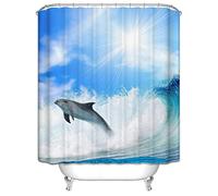 EHOMERY Rideau Douche Store Accroche Rideau Salle De Bain Vague De Dauphin Anneau Rideau Douche Grand Format Rideaux De Douches Anti Bactérien Polyester 12 Anneaux De Crochets, 160X180Cm