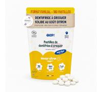 EHOP Dentifrice à Croquer Bio COSMOS - 180 Pastilles Dentifrice Solide Fluor Hydroxyapatite - Adulte Blancheur - Voyage Mini Petit Format Cabine Avion Biodégradable - Citron