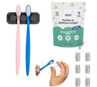 [EHOP] Kit - 2 Brosses à dent Adultes avec 6 têtes rechargeables adultes souples, 1 support duo ventouse, 1 dentifrice solide à la menthe | Bleu et Rose | Fabriqué en France