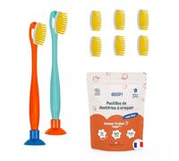 [EHOP] Kit - 2 Brosses à dent Enfants avec 6 têtes rechargeables Enfants Extra Souples, 1 dentifrice solide à la fraise | Orange et bleu | Fabriqué en France