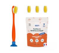 [EHOP] Kit - Brosse à dent Enfant avec 3 têtes rechargeables Enfants Extra Souples, ventouse bleu, manche orange, 1 dentifrice solide à la fraise | Fabriqué en France