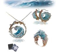 EHOTER Ensemble de bijoux collier serment de l'océan 2024 - Collier réglable avec bague et boucles d'oreilles - Cadeau pour femmes et filles, Plastique