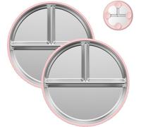 EHOTER Lot de 2 assiettes divisées avec ventouse en acier inoxydable sans BPA pour enfants et bébés avec base d'aspiration en silicone, passent au micro-ondes et au lave-vaisselle (rose)