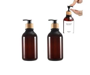 EHOTER Lot de 2 distributeurs de savon épais en forme de bocal ambré avec pompe en bois de bambou noir 500 ml