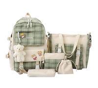 EHOTER Lot de 5 sacs d'école pour adolescentes - Grande capacité - Joli sac à dos d'école kawaii avec épingle et accessoires - Sac à dos esthétique, Vert, L, Décontracté