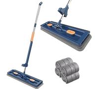 EHOTER Roseionly Ensemble balai plat et seau - Balai à franges rotatif à 360 degrés avec 2/4/6 tampons en microfibre pour utilisation humide et sèche avec manche long réglable en acier inoxydable de