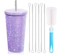 EHOTER Studded Bling Diamond Bouteille d'eau avec couvercle en acier inoxydable avec paille thermique et strass - 6 brosses à paille pour femme (violet)