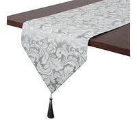 EHouseHome Chemin de Table réversible en Jacquard damassé avec Pompons - 33 x 183 cm - Infroissable et imperméable - Anti-déversement - pour décoration de Salle à Manger et Mariage - Gris argenté