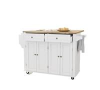 EHYSYN Chariot de Cuisine avec Dessus en Bois et Barre de Petit-déjeuner à abattants, tiroir et Armoire de Rangement, étagère à épices, Porte-Serviettes Chariot de Rangement à roulettes(White)
