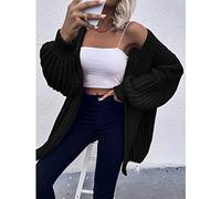 EIBA Gilet Femme,Cardigans Tricotés Épais pour Femmes Tempérament Lâche Uni Noir Pulls Ouverts sur Le Devant Cardigan Automne Hiver Élégant Mi-Long Doux À Manches Longues en Tricot Veste Manteau,M