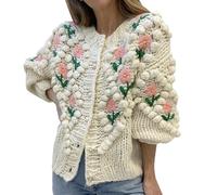 EIBA Pulls, Gilets Et Sweats Femme,Cardigans Tricotés pour Femmes Vintage Beige Bouton De Broderie Au Crochet Fait À La Main À Manches Longues Pulls Ouverts sur Le Devant Cardigan Automne Élégant Do
