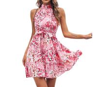EIBA Robe Ete,Robe Sexy Halter pour Femmes Bohème Floral Mini Robe Casual Ceinture Mince A-Ligne Robe Rose Beach Party Robe D'Été Robe De Vacances pour Filles Dames,M