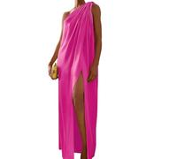 EIBA Robe Femme Ete,Robe Une Épaule pour Femme Robe A-Ligne en Mousseline De Soie Rose Rouge Décontractée Sexy avec Noeud Papillon Fendu Vintage Robe Maxi Swing Élégante Robe Asymétrique Cocktail R