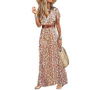EIBA Robe Femme Longue,Bohème Robe Longue pour Femme Élégante Col en V Paisley Robe Florale Longue Robe Décontractée Rouge Ceinture Maxi Robe Grand Ourlet Plage Boho Robe pour Filles Dames,S