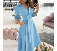 EIBA Vetement Femme Ete,Robe Chemise Femme Sexy Col V Robe Portefeuille Décontractée Manches Longues Bleu Robe Longue Fluide Robe Élégante avec Poche Robe D'Été Robe Rockabilly Cocktail,L
