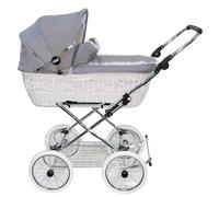EICHHORN Kinderwagen Poussette bébé avec panier en osier véritable, cadre en métal avec suspension souple et sangles en cuir, avec matelas et housse de pluie - osier blanc, tissu gris, roues EVA
