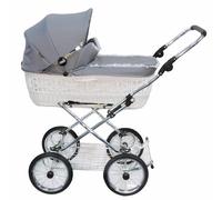 EICHHORN Kinderwagen Poussette bébé avec panier en osier véritable, cadre en métal avec suspension souple et sangles en cuir, avec matelas et housse de pluie - osier blanc, tissu gris, roues ECCO