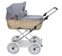 EICHHORN Kinderwagen Poussette bébé avec panier en osier véritable, cadre en métal avec suspension souple et sangles en cuir, avec matelas et housse de pluie - osier naturel, tissu gris