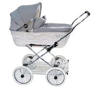 EICHHORN Kinderwagen Poussette pour bébé avec panier en osier véritable, cadre en métal avec suspension souple et sangles en cuir, avec matelas et habillage pluie - osier blanc, tissu gris
