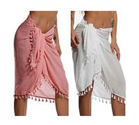 Eicolorte - Paréo de plage semi-transparent pour femme - Jupe courte avec pompons, 26 - rose + blanc - court, 3X-Large