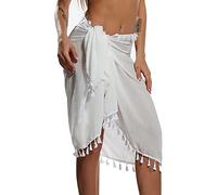 Eicolorte Paréo de plage pour femmes semi-transparent couvre-maillots jupe courte avec glands, 01-blanc-court, grande taille