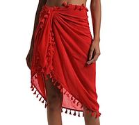 Eicolorte - Paréo de plage semi-transparent pour femme - Jupe courte avec pompons, 014 - Rouge-court, Taille L