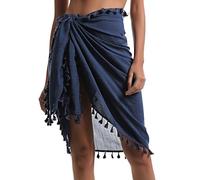 Eicolorte - Paréo de plage semi-transparent pour femme - Jupe courte avec pompons, 015 - Bleu foncé - Court, 3XS