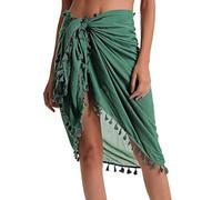 Eicolorte - Paréo de plage semi-transparent pour femme - Jupe courte avec pompons, 017-vert noirâtre - court, Taille L