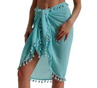 Eicolorte - Paréo de plage semi-transparent pour femme - Jupe courte avec pompons, 06 - Bleu ciel/court, Large, Moderne/ajusté