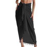 Eicolorte - Paréo de plage semi-transparent pour femme - Jupe courte avec pompons, 11 - Noir - long, 3X-Large