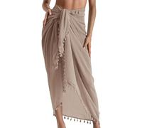 Eicolorte - Paréo de plage semi-transparent pour femme - Jupe courte avec pompons, 14 - Kaki - Long, 3XS