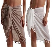 Eicolorte - Paréo de plage semi-transparent pour femme - Jupe courte avec pompons, 23 - kaki + blanc - court, 3X-Large