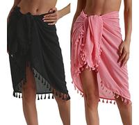 Eicolorte - Paréo de plage semi-transparent pour femme - Jupe courte avec pompons, 24 - noir + rose - court, 3XS