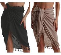 Eicolorte - Paréo de plage semi-transparent pour femme - Jupe courte avec pompons, 25-noir+kaki court, 3XS