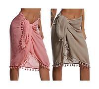 Eicolorte - Paréo de plage semi-transparent pour femme - Jupe courte avec pompons, 27 - Rose + Kaki - Court, 3X-Large