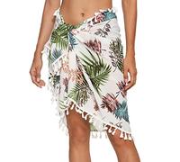 Eicolorte - Paréo de plage semi-transparent pour femme - Jupe courte avec pompons, Imprimé floral blanc 019, Taille L