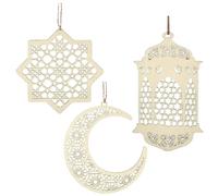 EID by MUBARAK DECORATION - Guirlande en BOIS REUTILISABLE - AID MOUBARAK - 6 PCS - Lanterne x2, Lune x2, Etoile x2 - Grand Format - Pour une fete après RAMADAN Magnifique et Inoubliable.