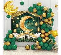 Eid Mubarak Ramadan Décoration Ballons, 70pcs Eid Mubarak Ballons Or Vert, Decoration Aid Moubarak, Eid Guirlande Ballon Lune Etoile Dorée avec Bannière pour Decoration Ramadan 2026, l'Aïd Moubarak