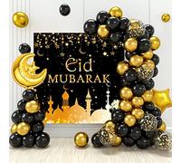Eid Mubarak Ramadan Décoration Ballons Set, 74 Pièces Ballons en OR Noir et Ballons de Lune étoile Dorée avec Bannière de Fond 'Eid Mubarak' pour la Célébration du Ramadan et de l'Aïd Moubarak