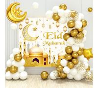 Eid Mubarak Ramadan Décoration Ballons Set, 74Pcs Ballons en Or Blanc et Ballons de Lune étoile Dorée avec Bannière de Fond 'Eid Mubarak' pour la Célébration du Ramadan et de l'Aïd Moubarak Decoration