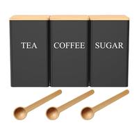 Eidoct Ensemble de boîtes de rangement pour thé, sucre et café 1L Ensemble vintage de boîtes de cuisine en métal de 3 pièces avec couvercle en bambou hermétique (carré noir)