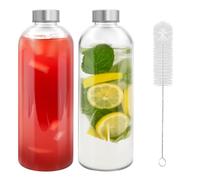 Eidoct Lot de 2 bouteilles d'eau réutilisables en verre de 1 L - Anti-fuite, résistante à la chaleur pour boissons chaudes/froides, jus de fruits, smoothies et café | Comprend une brosse à bouteille