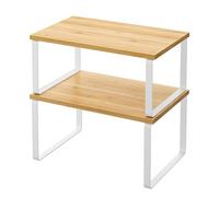 Eidoct Lot de 2 étagères de rangement empilables et extensibles pour garde-manger, cuisine, étagère à épices - Métal et bois d'ingénierie (blanc et naturel)