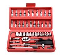 Eidoct Lot de 46 douilles et outils 6,35 mm, jeu de clés à cliquet avec douilles Cr-V de 4 à 14 mm, embouts de tournevis, barres d'extension pour réparation de vélo de voiture, bricolage et réparation