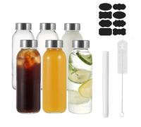 Eidoct Lot de 6 bouteilles d'eau en verre réutilisables de 300 ml - Anti-fuite - Résistant à la chaleur - Pour boissons chaudes/froides, jus, smoothies et café - Avec brosse