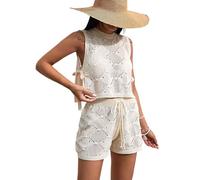 Eieenotee Ensemble 2 Pièces au Crochet pour Femme, Haut et Short Ajourés, sans Manches, pour la Plage, Blanc, Taille S