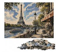 Eiffel Tower Illustration with Bonjour Text Puzzle en Bois, 300 pièces | La progression pièce après pièce - moins de temps devant les écrans à la maison.